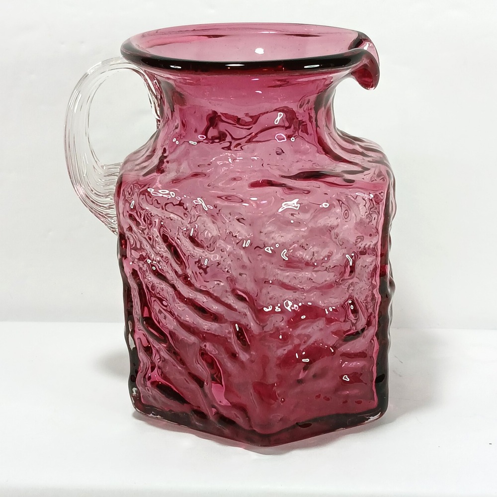 Vintage Cranberry Pink Textured Glass Pitcher Square Bark Pattern 5 inch